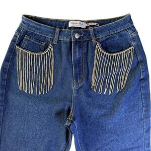 Denim Blvd Boyfriend Jeans NWT Sz L Rhinestone Fringe Trim on Pockets Med Wash
